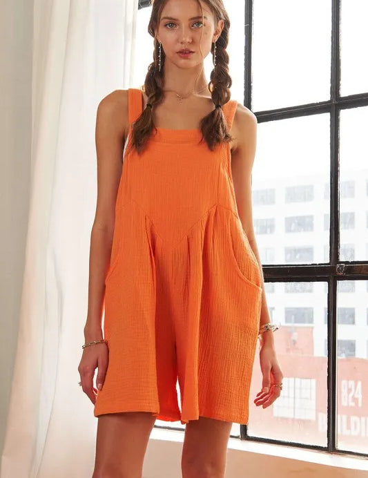 ORANGE ADORA Wide Leg Overall Romper | Shortalls Daverri Fashions