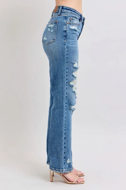Judy Blue Full Size High Waist Heavy Destroy Straight Jeans Plus Size | Daverri Fashions