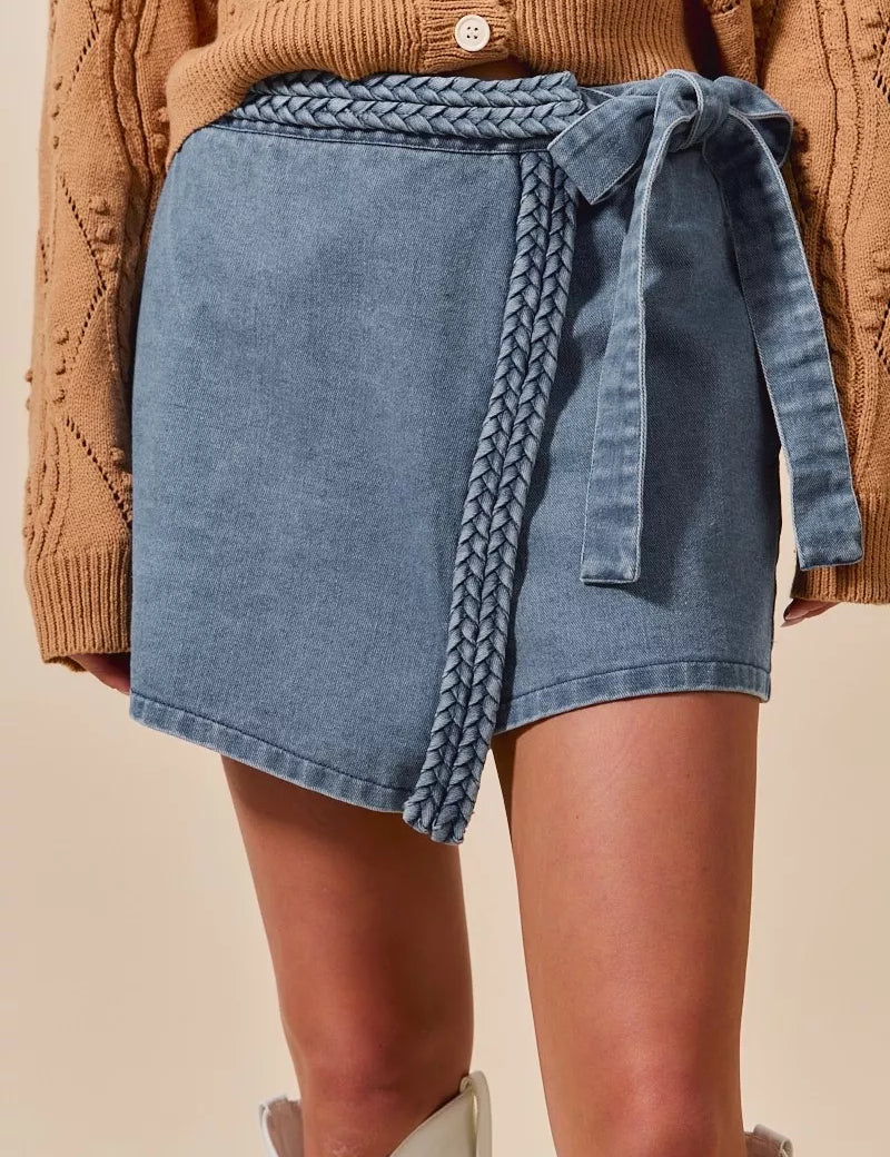 SO ME Wrap Braided Trimmed Denim Skort | Skorts Daverri Fashions