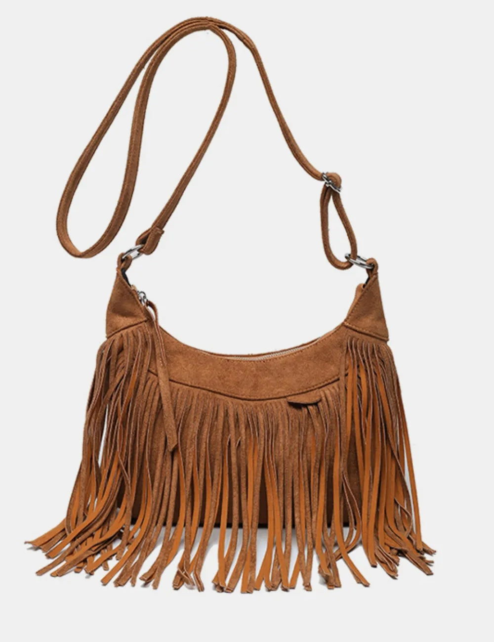 Caramel One Size Suede Fringe Adjustable Strap Shoulder Bag | Handbags Daverri Fashions