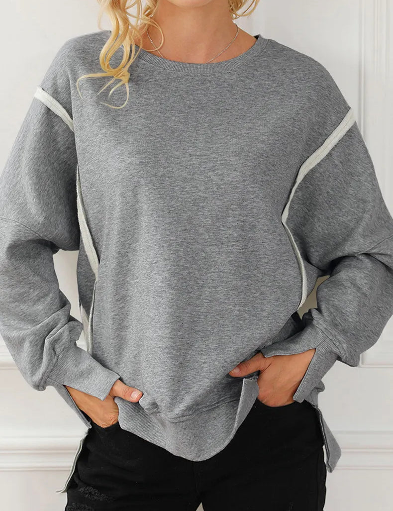 Gray One Size Exposed Seam High-Low Long Sleeve Sweatshirt | Daverri Fashions