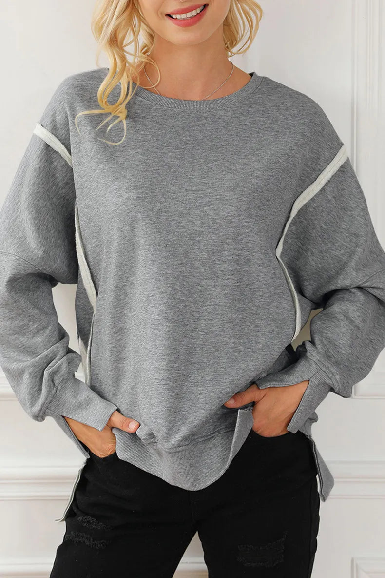 Gray One Size Exposed Seam High-Low Long Sleeve Sweatshirt | Daverri Fashions