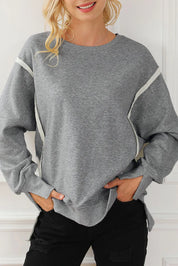 Gray One Size Exposed Seam High-Low Long Sleeve Sweatshirt | Daverri Fashions
