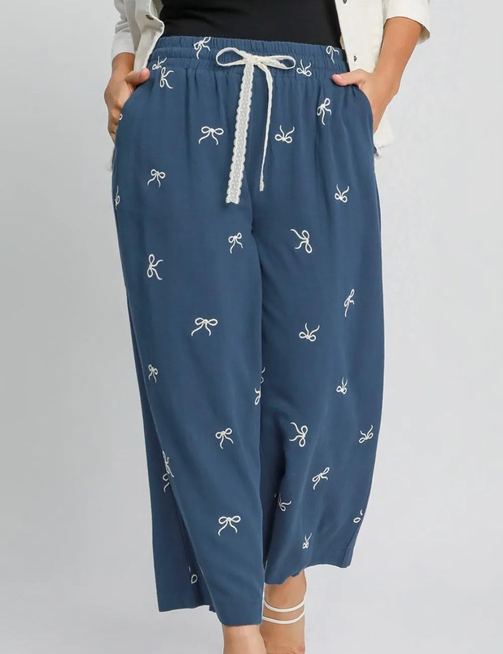 Umgee Full Size Lace Drawstring Embroidered Bow Wide Leg Pants Plus Size | Daverri Fashions