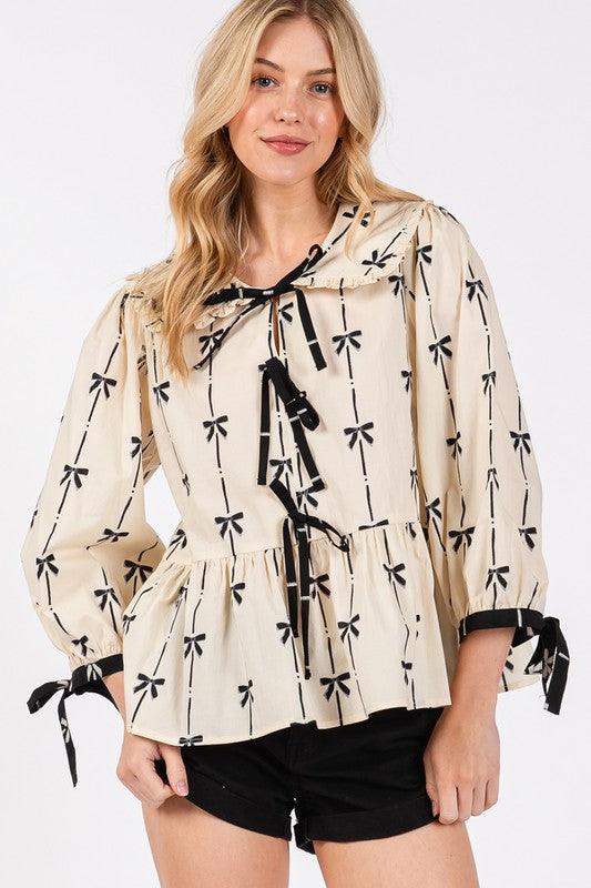SAGE + FIG Bow Print Tie Front Babydoll Blouse | Blouses Daverri Fashions