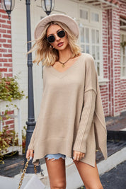 Slit V-Neck Dropped Shoulder Sweater | Sweaters Daverri Fashions