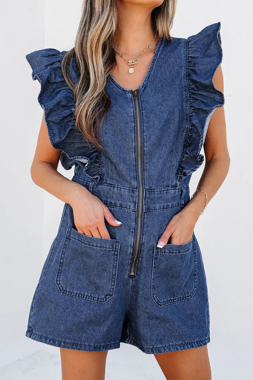 Denim Ruffled Zipped Front Belted Romper | Rompers Daverri Fashions