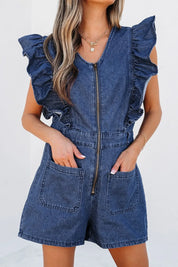 Denim Ruffled Zipped Front Belted Romper | Rompers Daverri Fashions