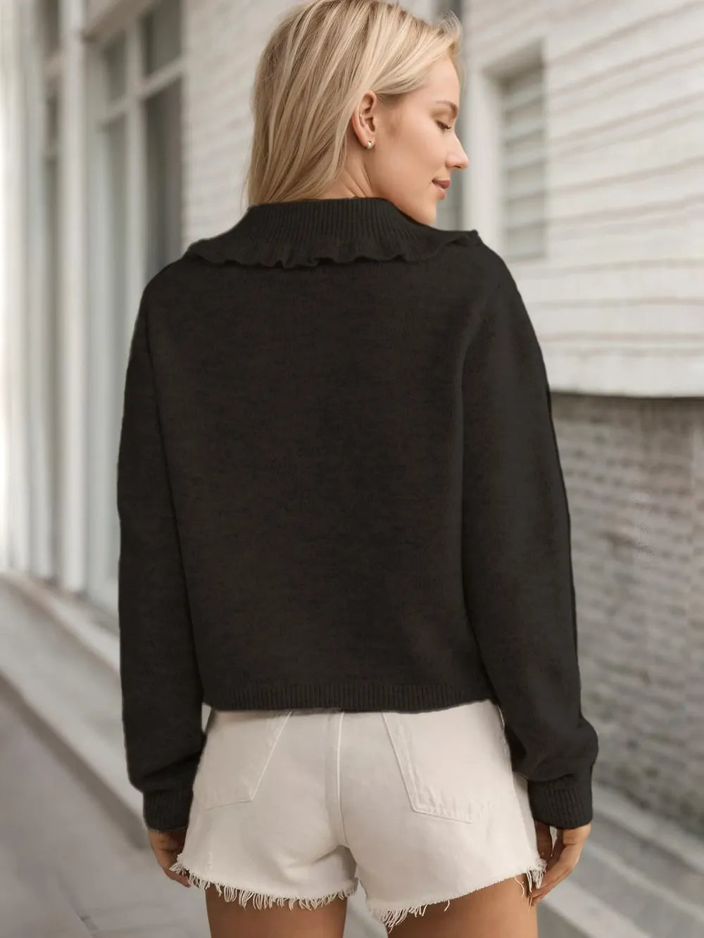 Frill Button Up Collared Neck Long Sleeve Cardigan | Cardigans Daverri Fashions