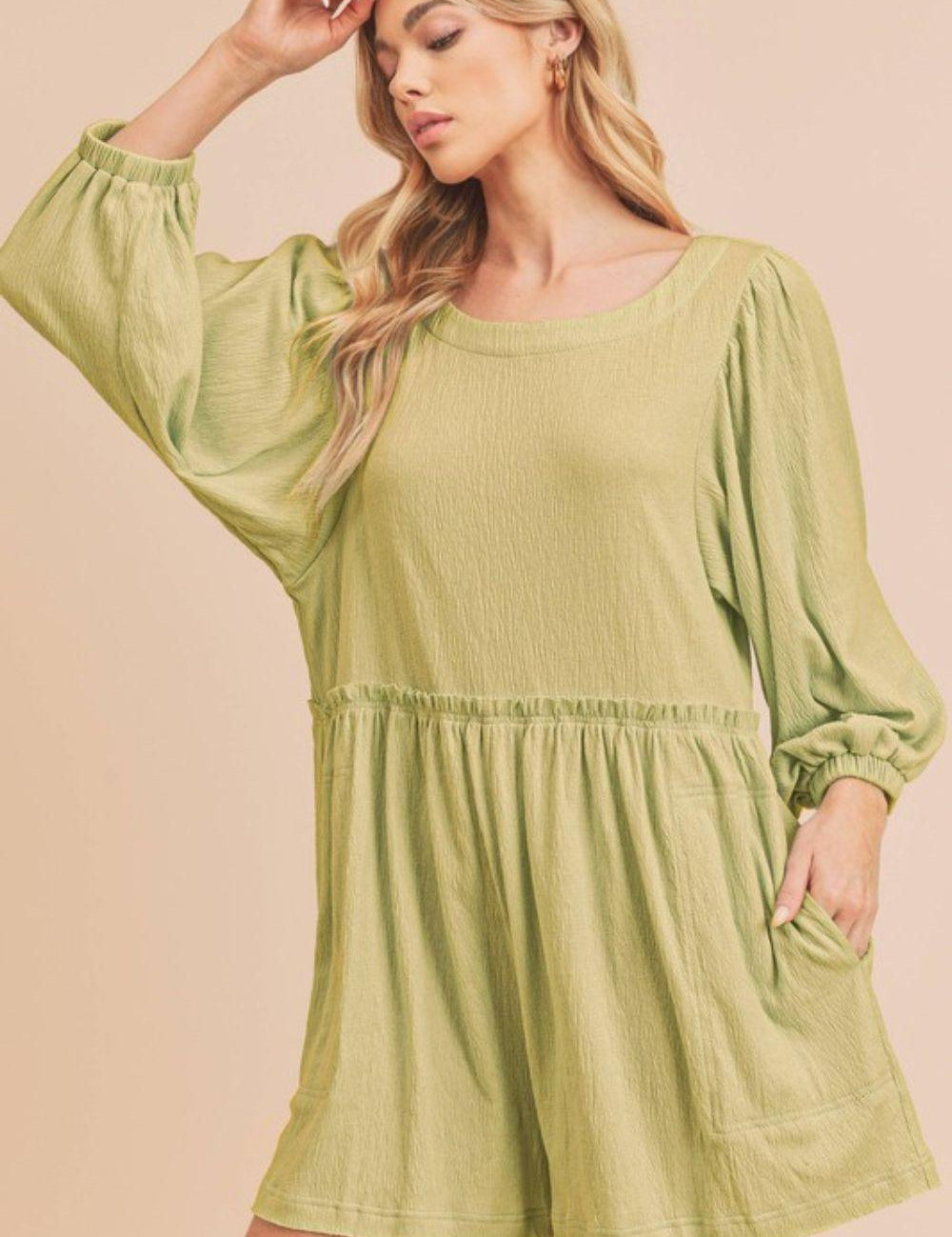 Yellow-Green Aemi + Co Frill Round Neck Long Sleeve Romper with Pockets | Rompers Daverri Fashions