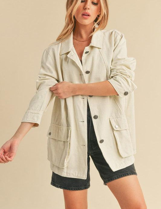 Ivory Aemi + Co Seam Detail Button Up Jacket with Pockets | Jackets Daverri Fashions