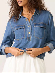Blue Half Snap Cropped Denim Top | Tops Daverri Fashions