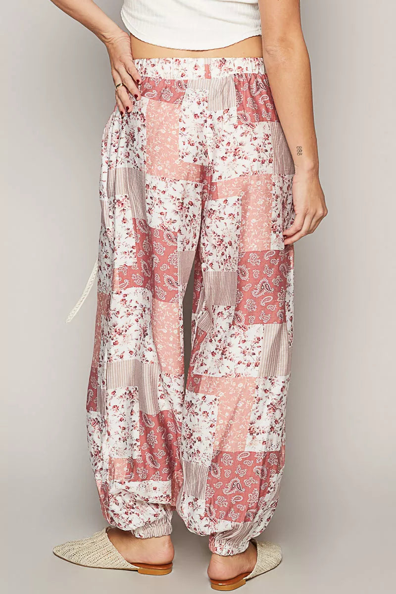POL Drawstring Floral Patchwork Wide leg Pants | Pants Daverri Fashions