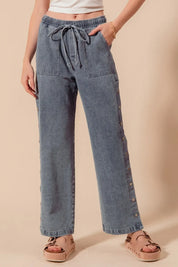DENIM SO ME Mid Rise Drawstring Jeans with Side Snap Button | Daverri Fashions