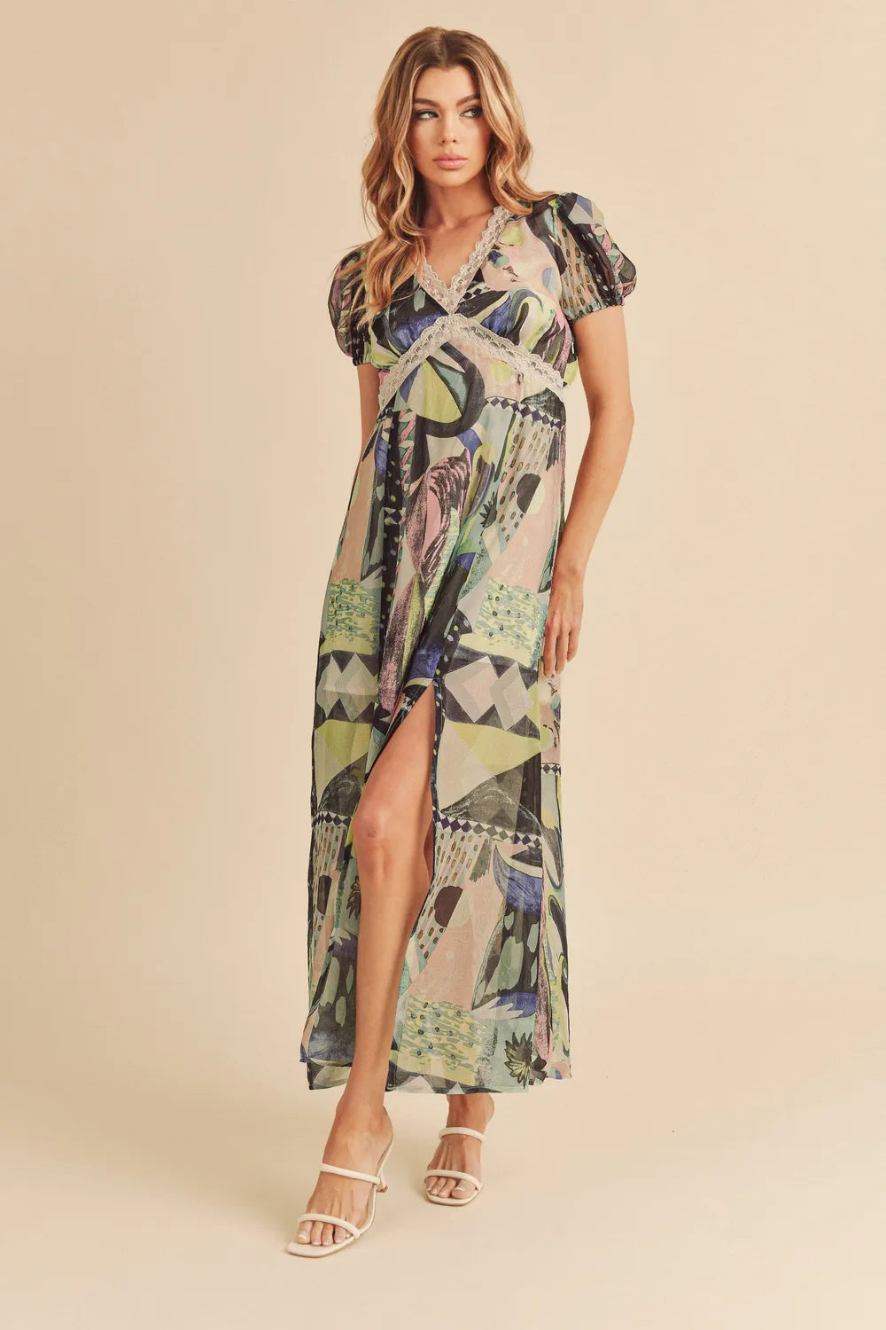 Green Aemi + Co Lace Detail Slit Geometric Print Short Sleeve Maxi Dress | Daverri Fashions