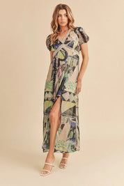 Green Aemi + Co Lace Detail Slit Geometric Print Short Sleeve Maxi Dress | Daverri Fashions