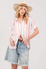 SAGE+FIG Multi Stripe Button Down Short Sleeve Shirt | Daverri Fashions
