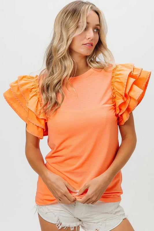 BiBi Knit Top Woven Ruffle Tiered Sleeves - DAVERRI FASHIONS