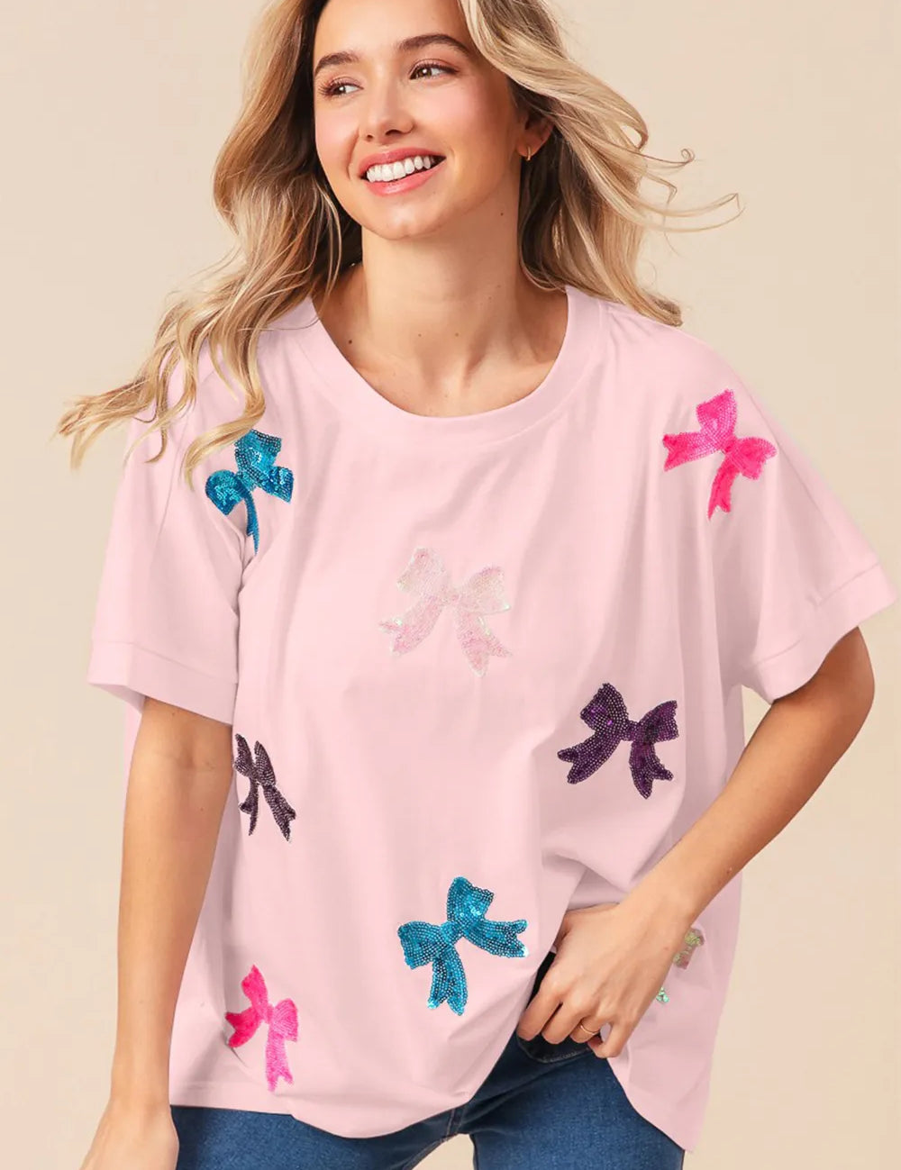 Blush S BiBi Sequin Bow Patch Short Sleeve T-Shirt Pink | T-Shirts Daverri Fashions