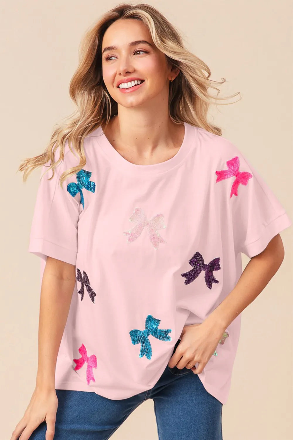 Blush S BiBi Sequin Bow Patch Short Sleeve T-Shirt Pink | T-Shirts Daverri Fashions