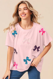 Blush S BiBi Sequin Bow Patch Short Sleeve T-Shirt Pink | T-Shirts Daverri Fashions
