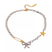 Two-Tone Stainless Steel Bow Star Necklace | Necklaces Daverri Fashions