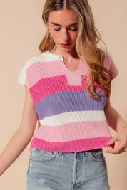 SO ME Multi Color Stripe Loose Fit Cap Sleeve Sweater Top | Sweaters Daverri Fashions