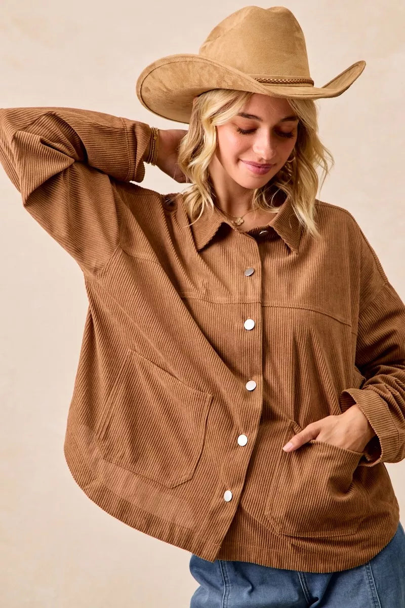 BiBi Corduroy Relaxed Fit Shacket with Back Pleat | Shackets Daverri Fashions