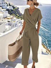 Khaki Full Size Surplice Short Sleeve Top and Pants Set Plus Size | Outfit Sets Daverri Fashions