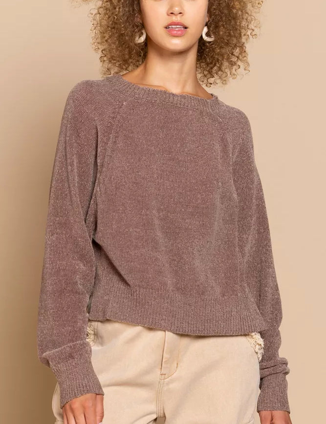 Chocolate POL Round Neck Backless Sweater with Ribbed Edge | Sweaters Daverri Fashions