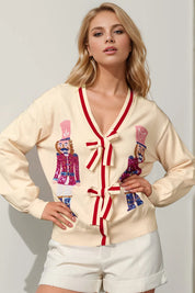 Cream Double Take Full Size Nutcracker Sequin Bow Decor Cardigan | Cardigans Daverri Fashions