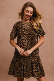 BiBi Tie Back Leopard Round Neck Short Sleeve Dress | Daverri Fashions