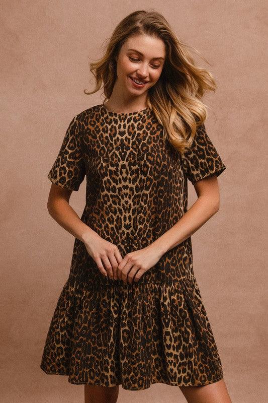 BiBi Tie Back Leopard Round Neck Short Sleeve Dress | Daverri Fashions