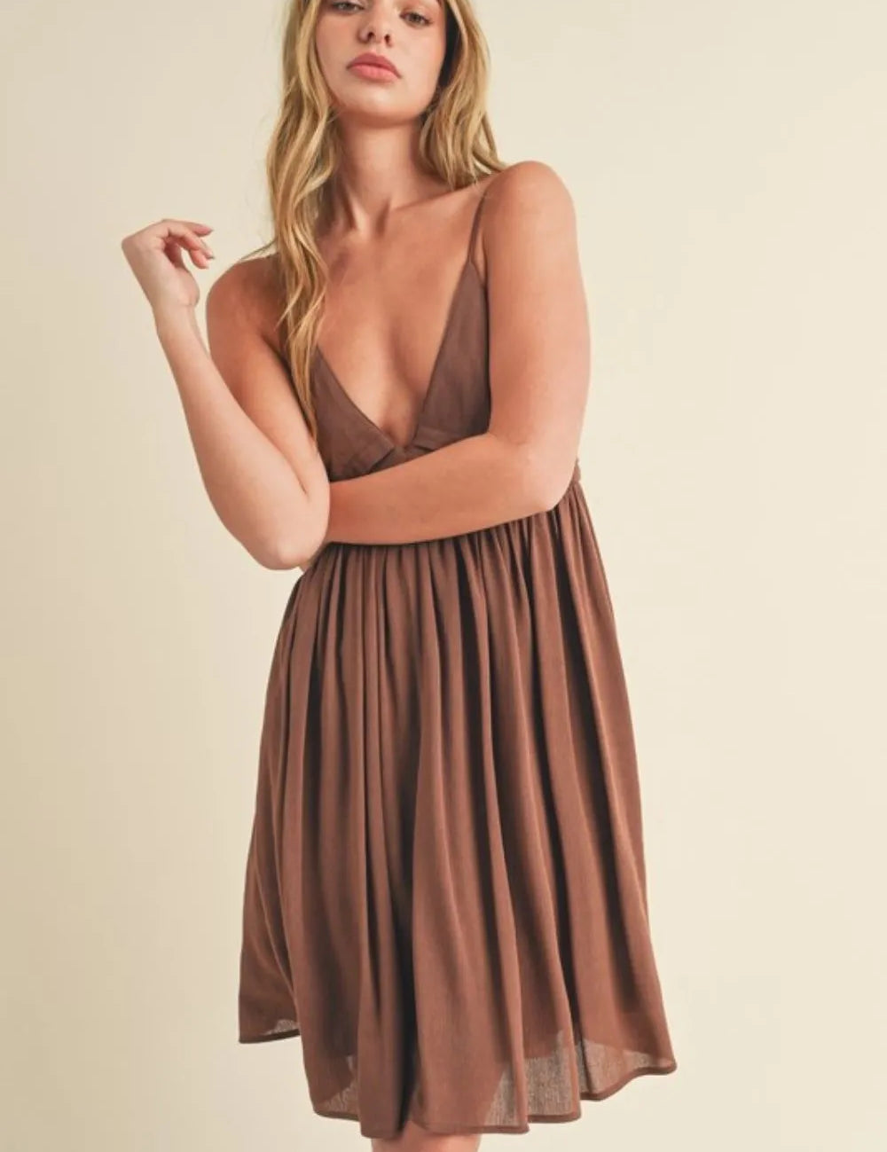 Brown Aemi + Co Ruched Plunge Mini Cami Dress | Daverri Fashions