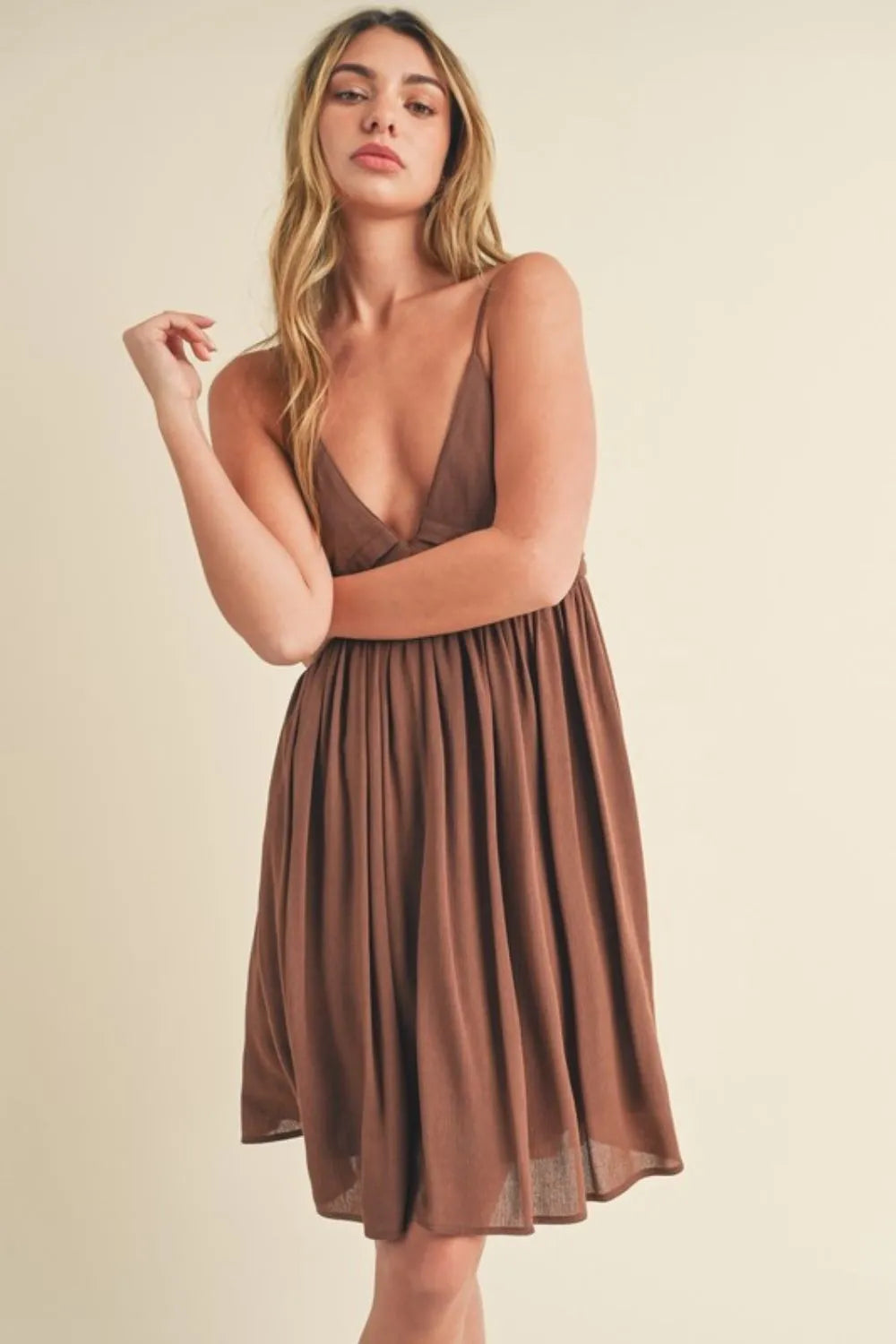 Brown Aemi + Co Ruched Plunge Mini Cami Dress | Daverri Fashions