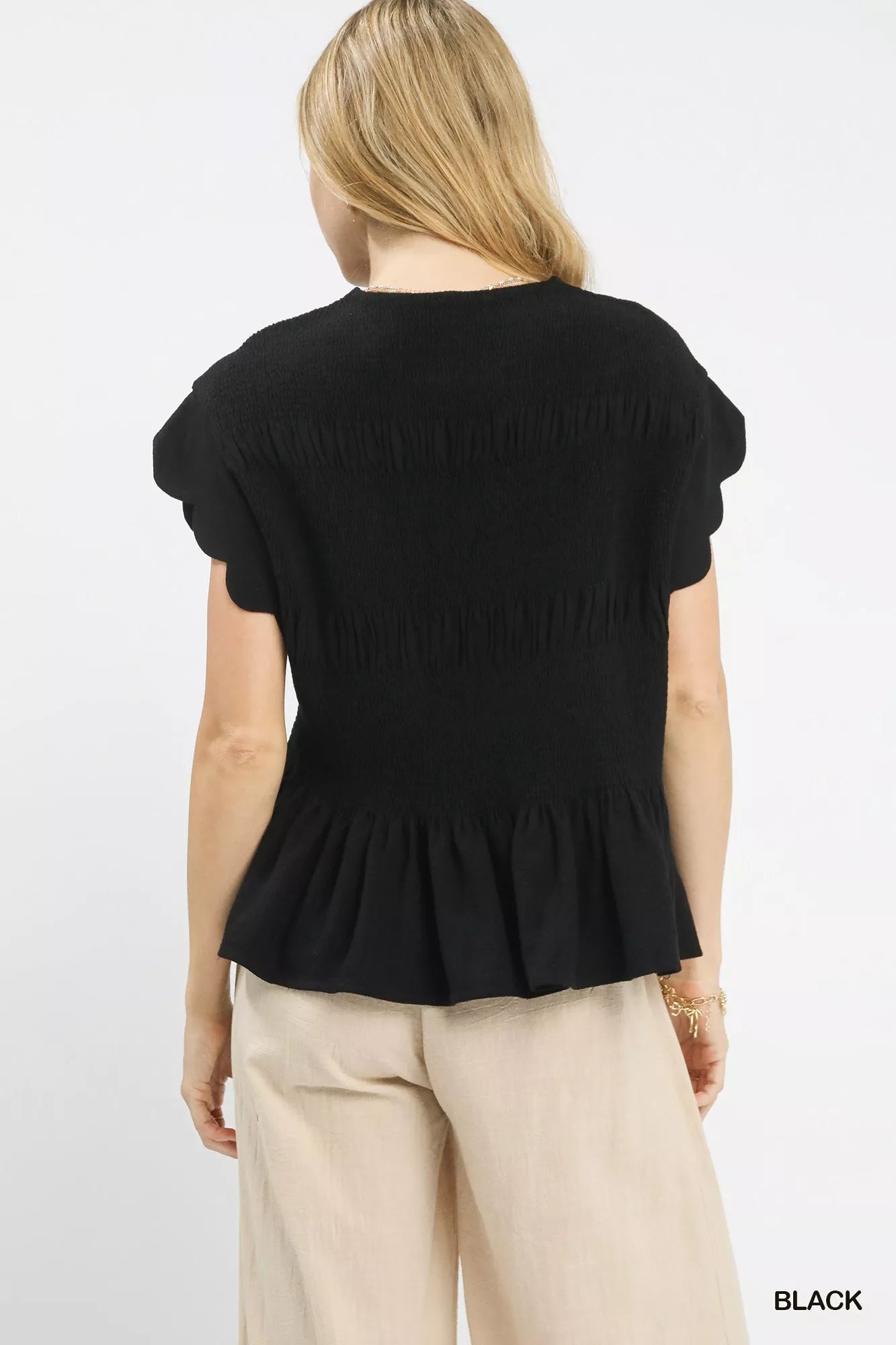 Umgee Linen Blend Smocked Peplum Blouse | Blouses Daverri Fashions