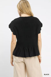 Umgee Linen Blend Smocked Peplum Blouse | Blouses Daverri Fashions