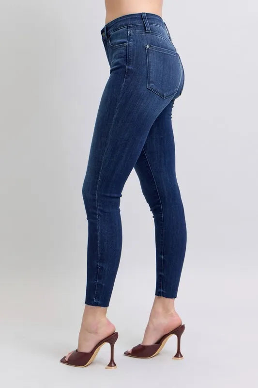 Judy Blue Full Size Mid Rise Skinny Jeans with Raw Hem Plus Size | Daverri Fashions