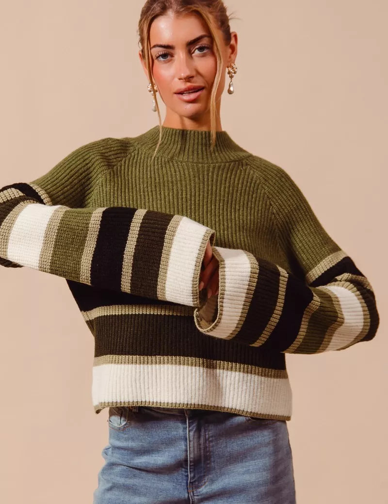 OLIVE COMBO SO ME Multi Color Striped Mock Neck Sweater | Sweaters Daverri Fashions