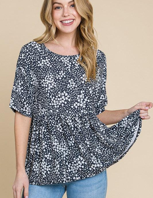 Black BOMBOM Floral Round Neck Peplum Blouse | Daverri Fashions