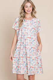 BOMBOM Printed Round Neck Short Sleeve Tee Dress | Daverri Fashions