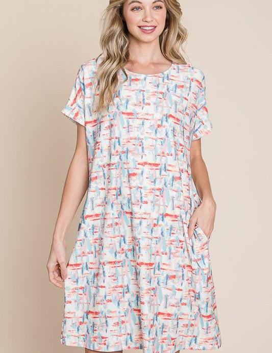 BOMBOM Printed Round Neck Short Sleeve Tee Dress | Daverri Fashions