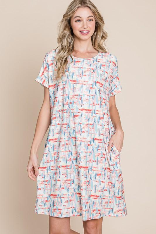 BOMBOM Printed Round Neck Short Sleeve Tee Dress | Daverri Fashions