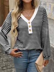 Striped V-Neck Button Front Casual Top | Knit Tops Daverri Fashions