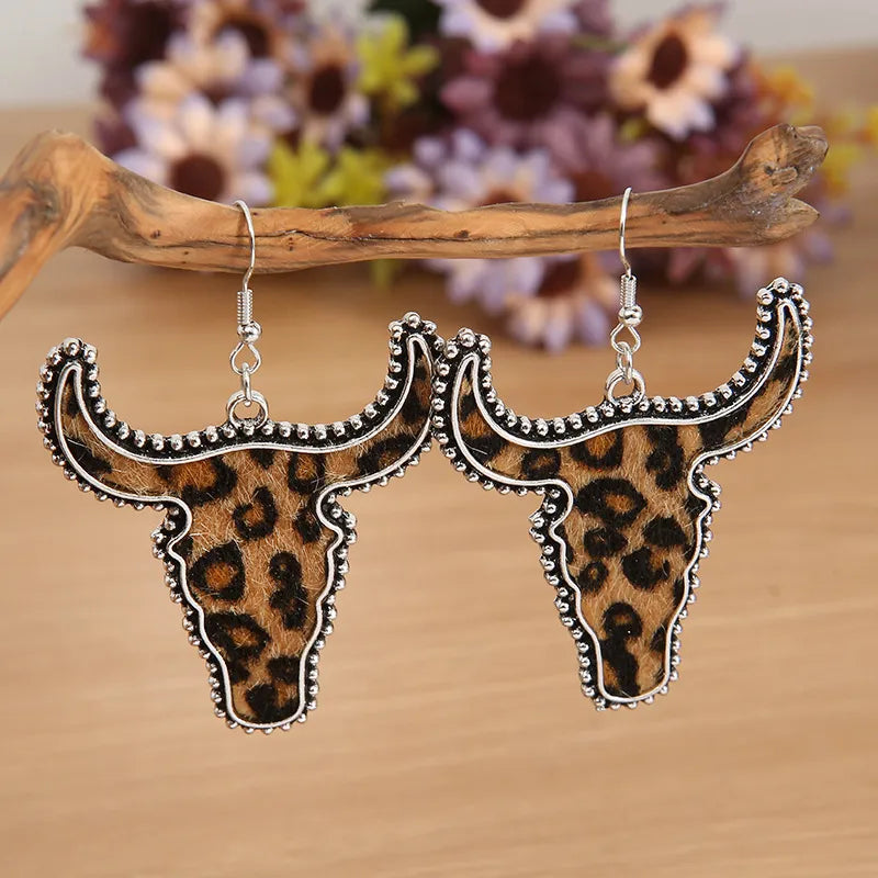 Leopard One Size Alloy Animal Print Cow Head Earrings | Earrings Daverri Fashions