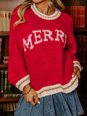 Deep Red MERRY Contrast Edge Drop Shoulder Christmas Sweater | Sweaters Daverri Fashions