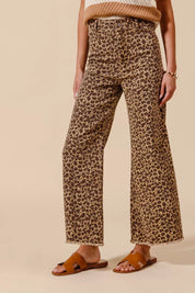 SO ME Mid Rise Leopard Twill Frayed Hem Wide Leg Pants | Daverri Fashions