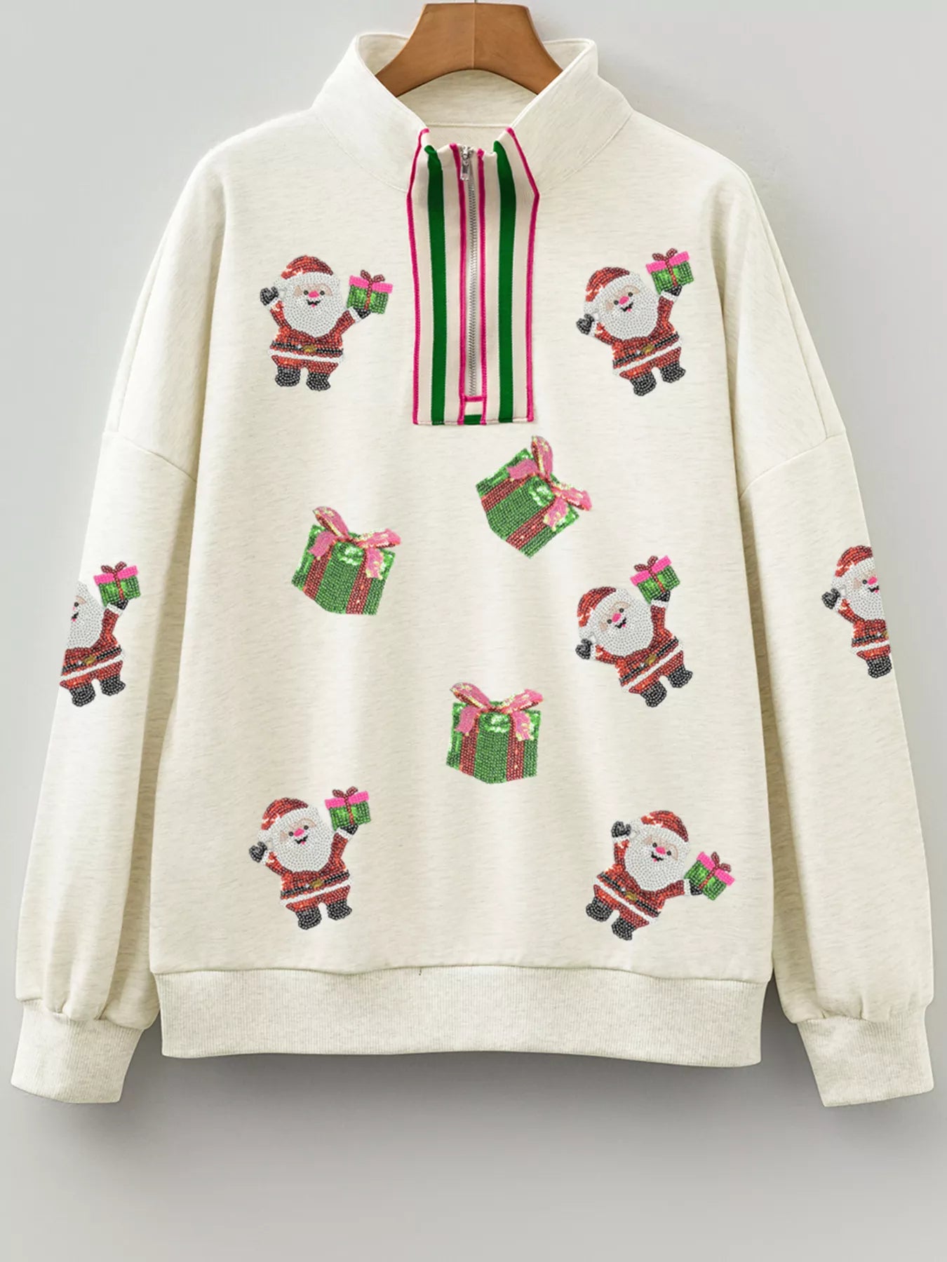 Christmas Striped Patchwork Zip Neck Sequin Santa Gift Sweatshirt | Sweatshirts Daverri Fashions
