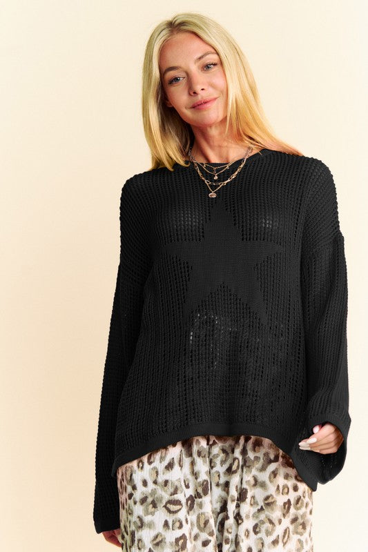 Davi & Dani Star Front Crochet Drop Shoulder Knit Top | Tops Daverri Fashions