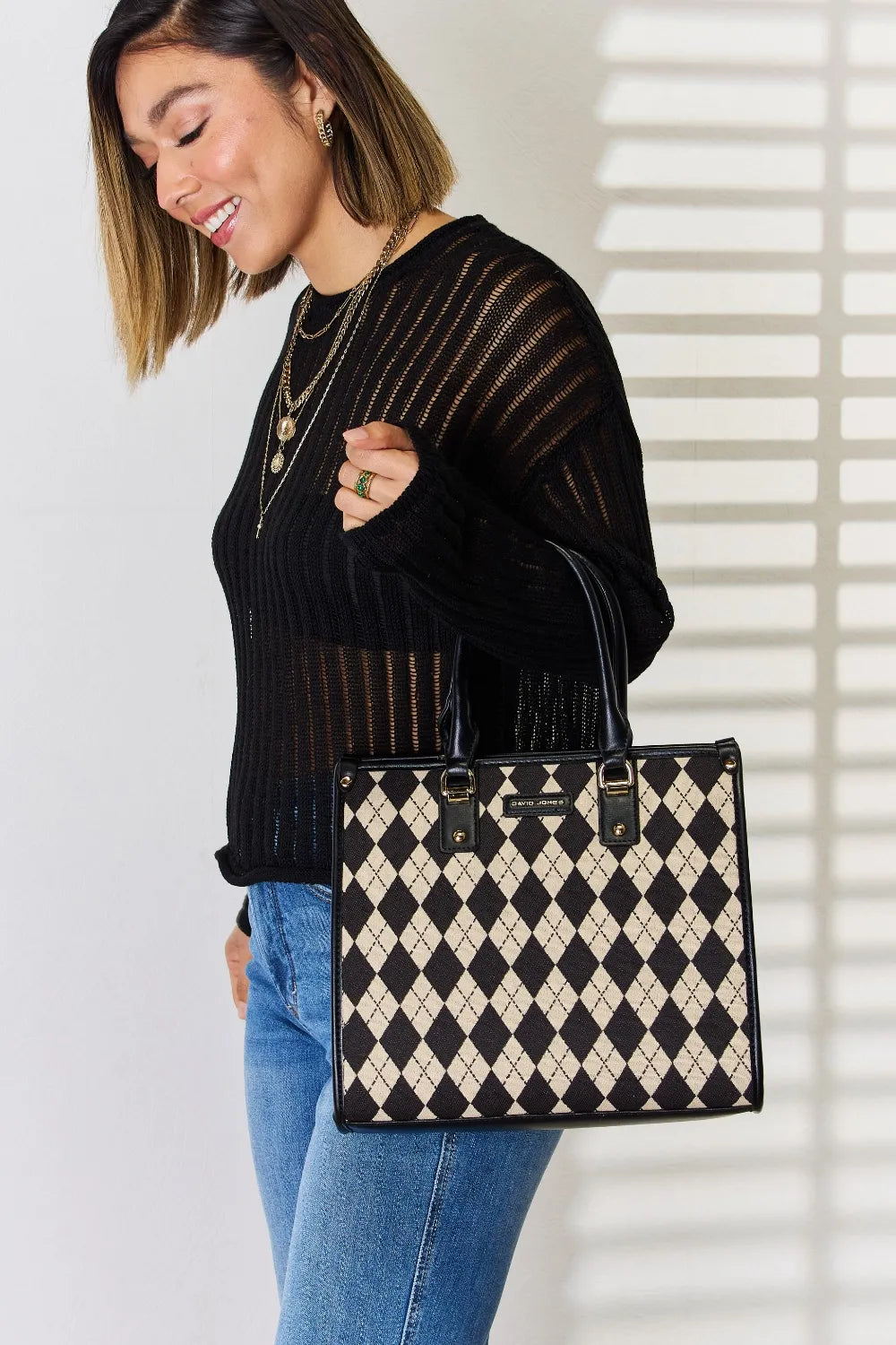 David Jones Argyle Pattern PU Leather Handbag | Handbags Daverri Fashions
